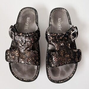 Alegria Peggy Black Pewter Mosaic Leather Metallic Comfort Slide Sandals 39 9 US